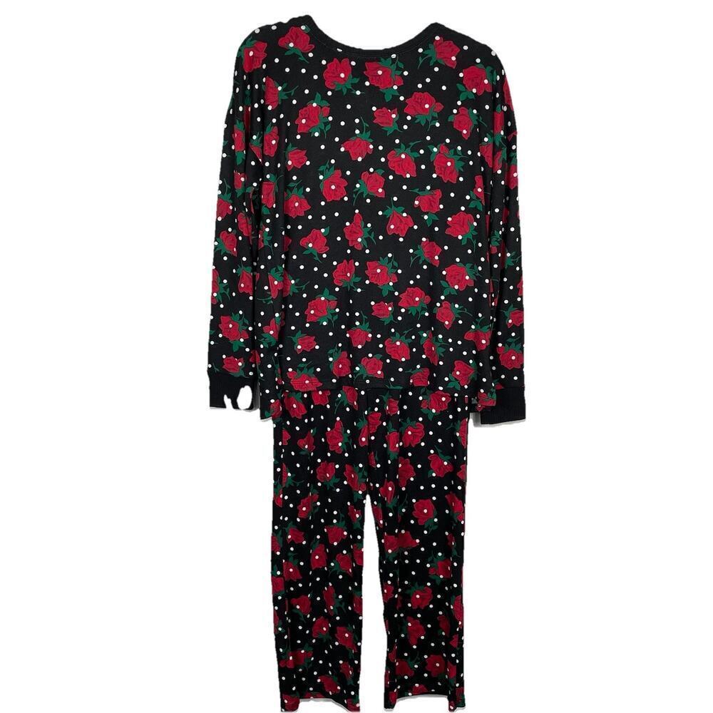 Kate Spade Wide Leg Pajama Set Size XS Black Red Rose Polka Dot Classic Designer